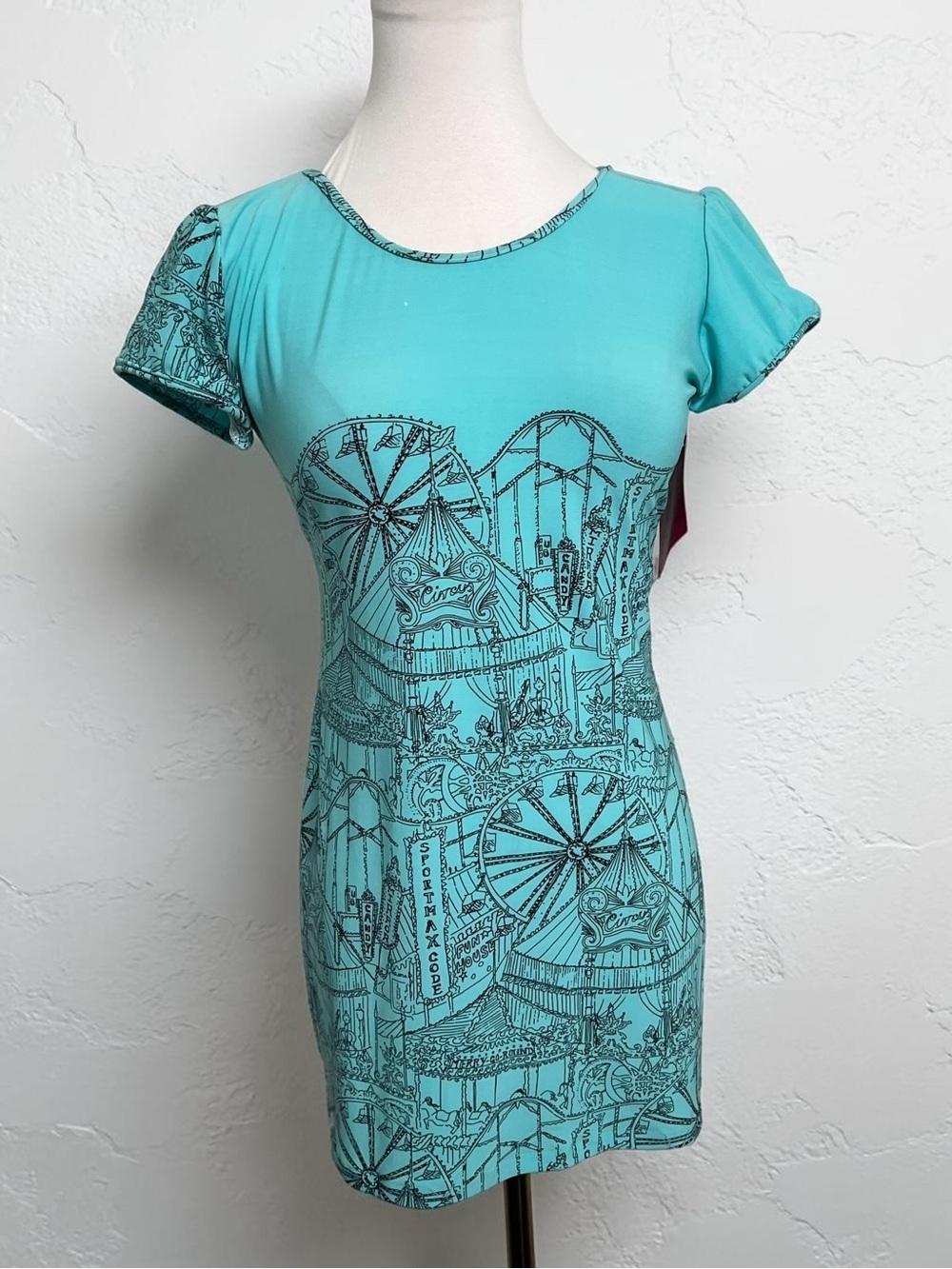 Y2K Deadstock Carnival Print Tunic Top Aqua Fairycore Retro Tee L